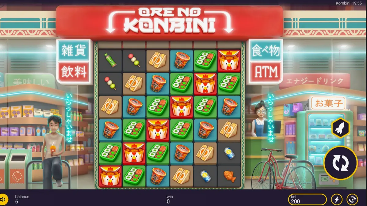 Tampilan visual slot Ore No Konbini dengan latar belakang toko konbini neon Jepang.